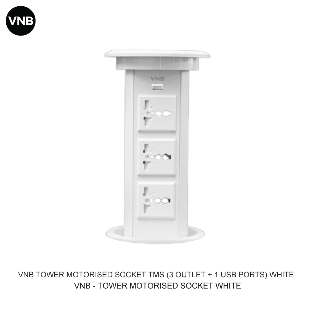 VNB TOWER MOTORISED SOCKET TMS (3 OUTLET + 1 USB PORTS) WHITE