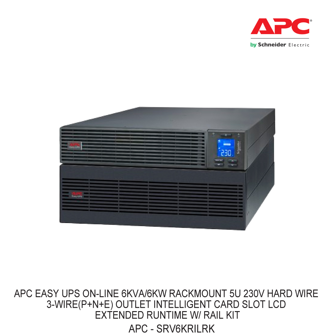 APC EASY UPS ON-LINE 6KVA/6KW RACKMOUNT 5U 230V HARD WIRE 3-WIRE(P+N+E) OUTLET INTELLIGENT CARD SLOT LCD EXTENDED RUNTIME W/ RAIL KIT