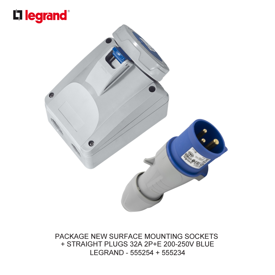 PACKAGE NEW SURFACE MOUNTING SOCKETS + STRAIGHT PLUGS 32A 2P+E 200-250V BLUE