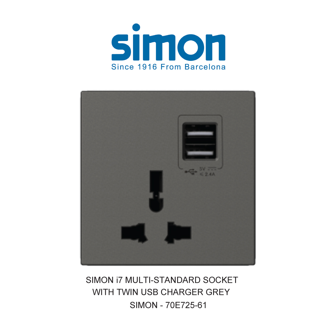 SIMON i7 STOP KONTAK MULTI-STANDARD DENGAN PENGISI DAYA USB KEMBAR ABU-ABU