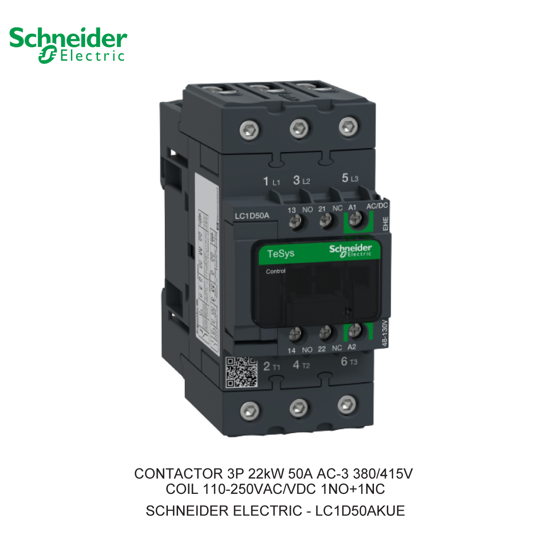 CONTACTOR 3P 22kW 50A AC-3 380/415V COIL 110-250VAC/VDC 1NO+1NC