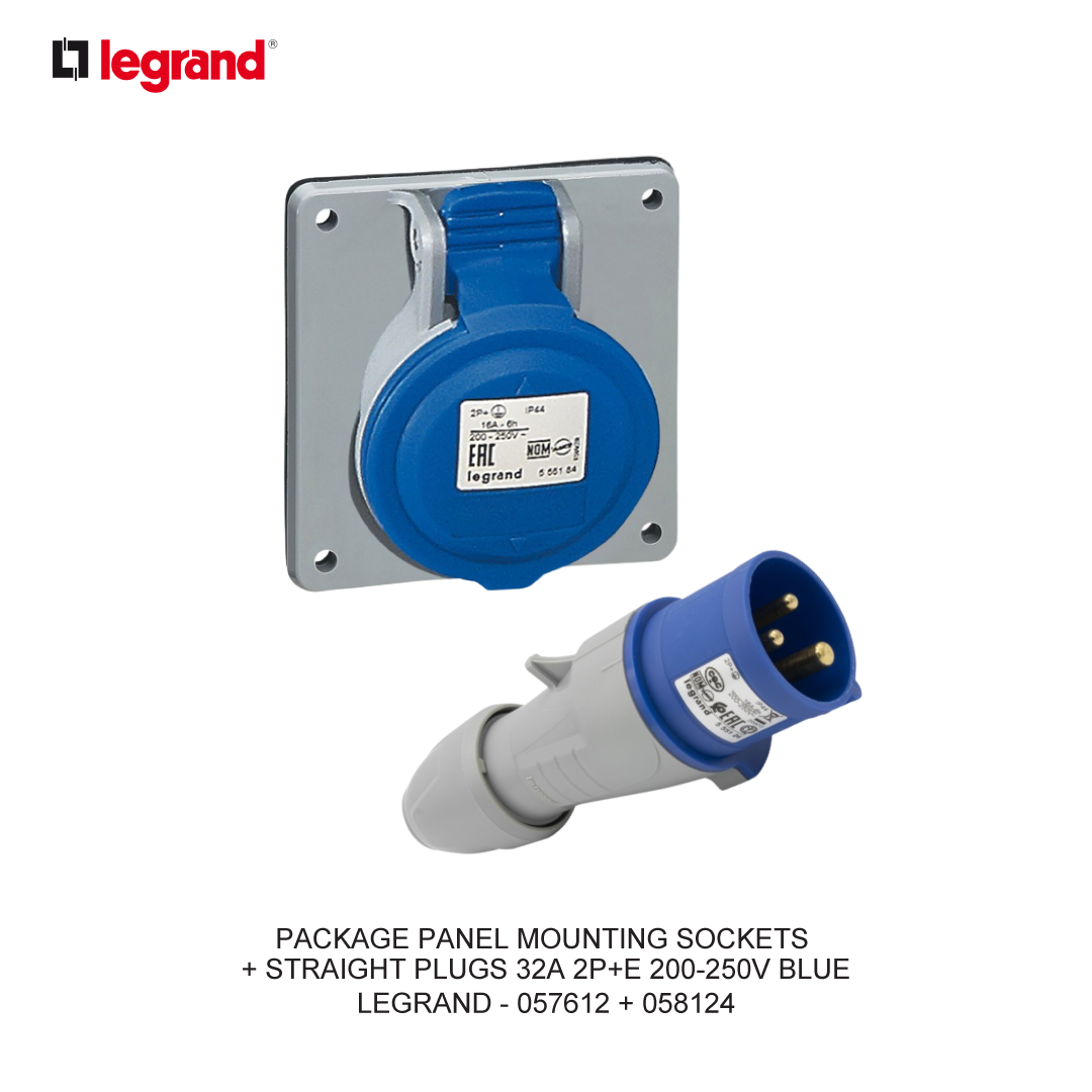 PACKAGE PANEL MOUNTING SOCKETS + STRAIGHT PLUGS 32A 2P+E 200-250V BLUE