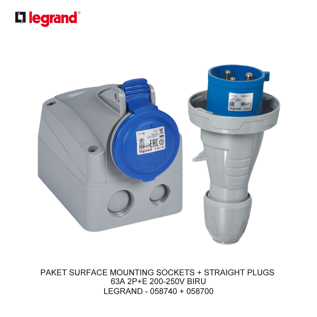 PACKAGE SURFACE MOUNTING SOCKETS + STRAIGHT PLUGS 63A 2P+E 200-250V BLUE