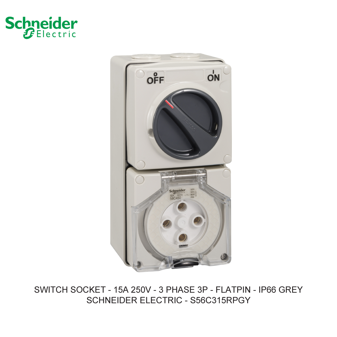 SWITCH SOCKET - 15A 250V - 3 PHASE 3P - FLATPIN - IP66 GREY